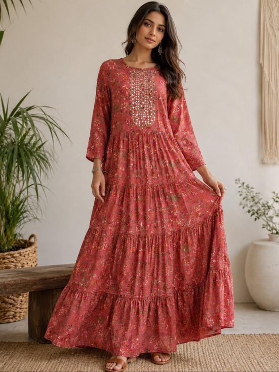 prisha Dresses & Skirts - Prisha Pink Floral Mirror Embellished Tiered Maxi Dress XL